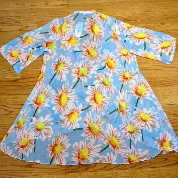 Boho Bold Yellow Daisy Floral Long Duster Kimono M - Picture 9 of 10